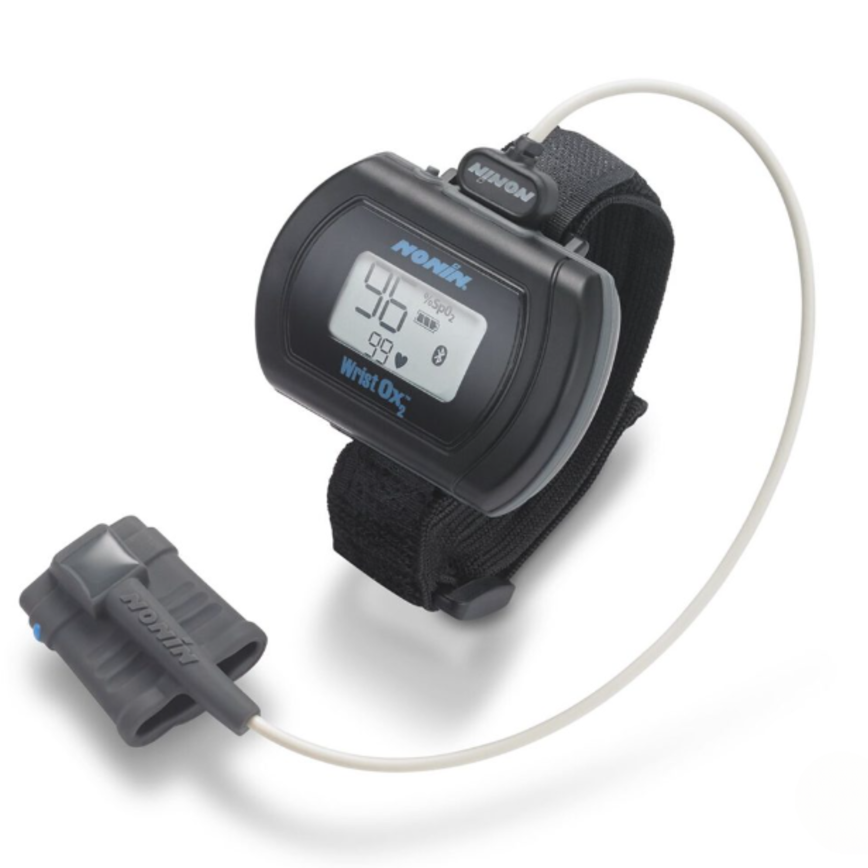 Close-up of the Nonin 3150 BLE WristOx2 pulse oximeter with its display and attached soft sensor.